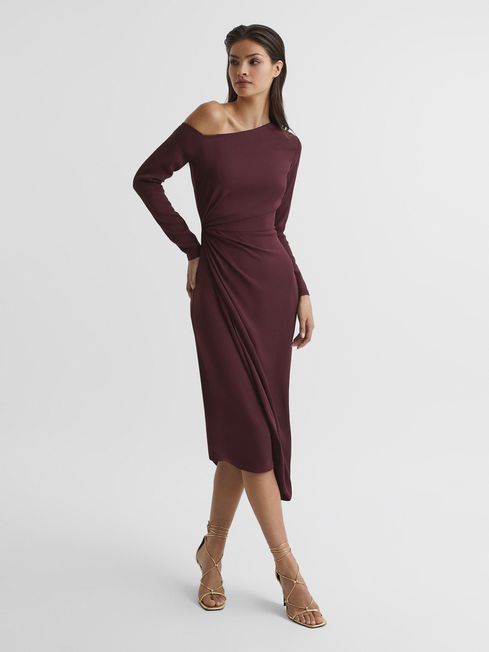 Reiss Burgundy Nadia Petite Off-Shoulder Drape Midi Dress | Reiss US