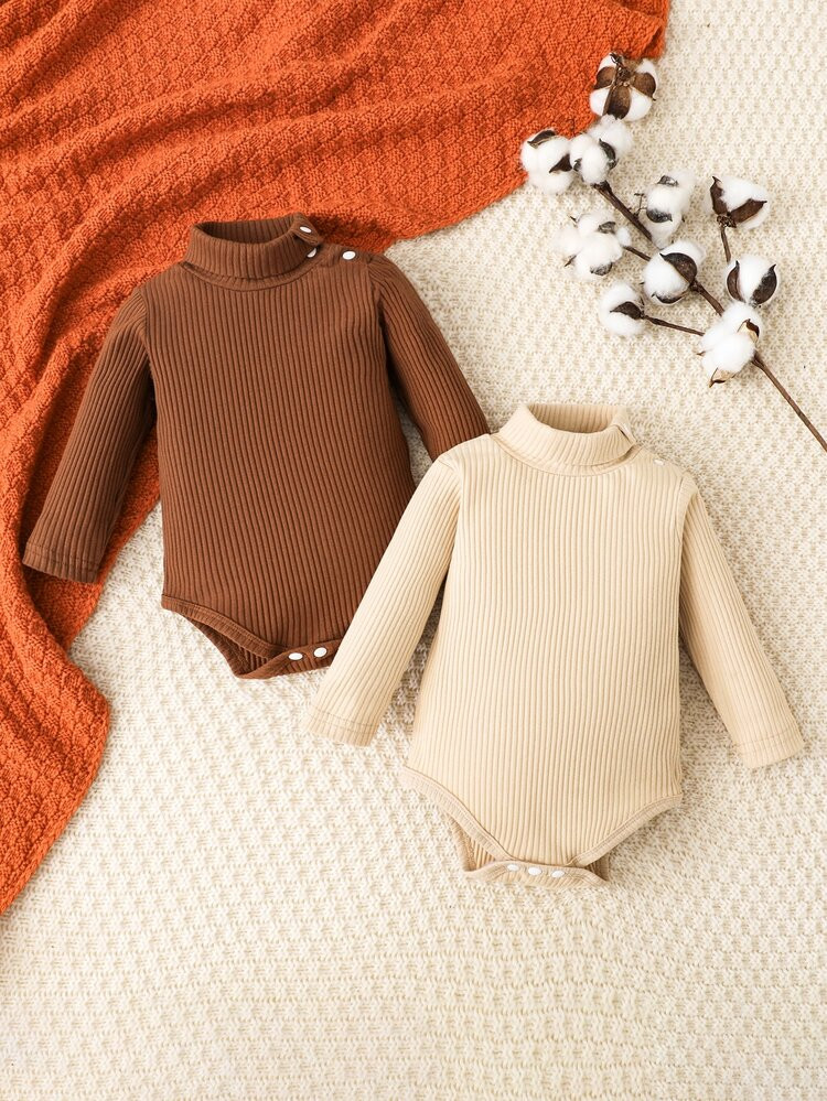 SHEIN Newborn Baby 2pcs Ribbed Knit Turtle Neck Bodysuit | SHEIN