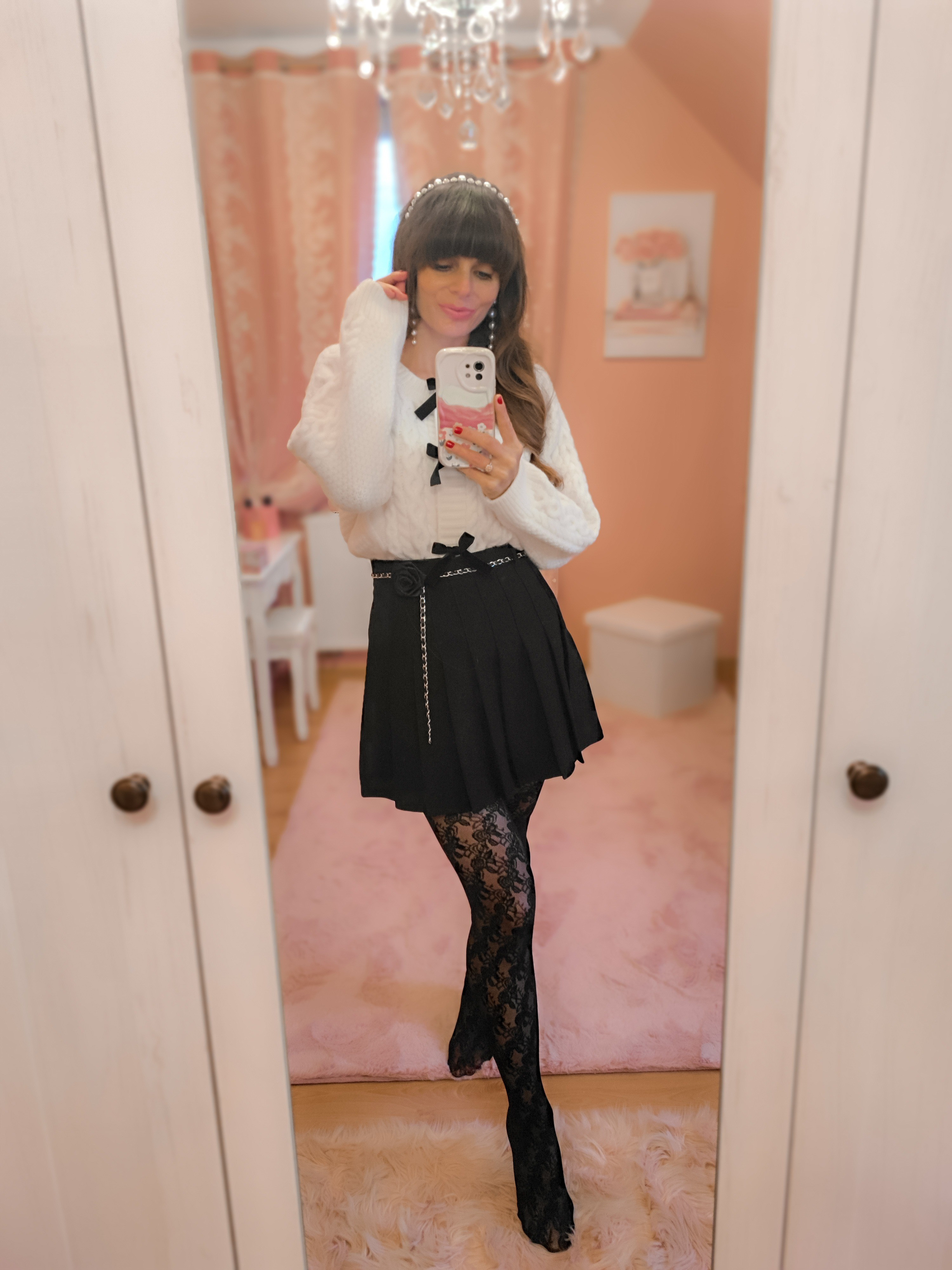 Chic & classy 🤍✨🖤Chicwish bowknot knit cardigan in whiteChicwish rose brooch chain belt pleated mini skirt Mini skirtPleated skirtBlack lace tights @thetightspot 👉 code VIOLA for 10% offHoliday outfit ideasChristmas outfitsChristmas styleHoliday fashionPearl headband 

#LTKHoliday #LTKSeasonal #LTKStyleTip