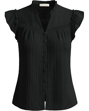 Belle Poque Women's Ruffle Sleeve Cotton Shirts V Neck Button Down Lace Crochet Blouses Spring Su... | Amazon (US)