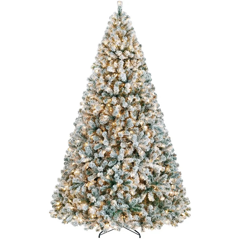 Alden Design 9 Ft Pre-lit Flocked Christmas Tree with Warm Lights, Frosted White | Walmart (US)