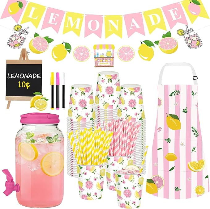 208 Pcs Pink Lemonade Stand Supplies Kit Include 1 Gallon Plastic Drink Dispenser, Pink Yellow Le... | Amazon (US)