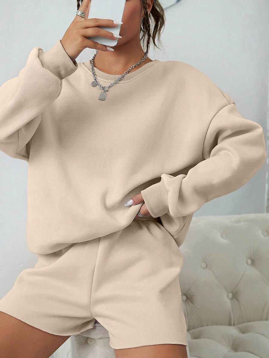 INAWLY Solid Drop Shoulder Sweatshirt & Shorts | SHEIN