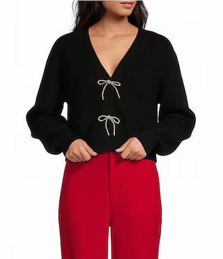A Loves A Wool Blend Sweater Knit Rhinestone Bow V-Neck Long Sleeve Cardigan | Dillard's | Dillard's