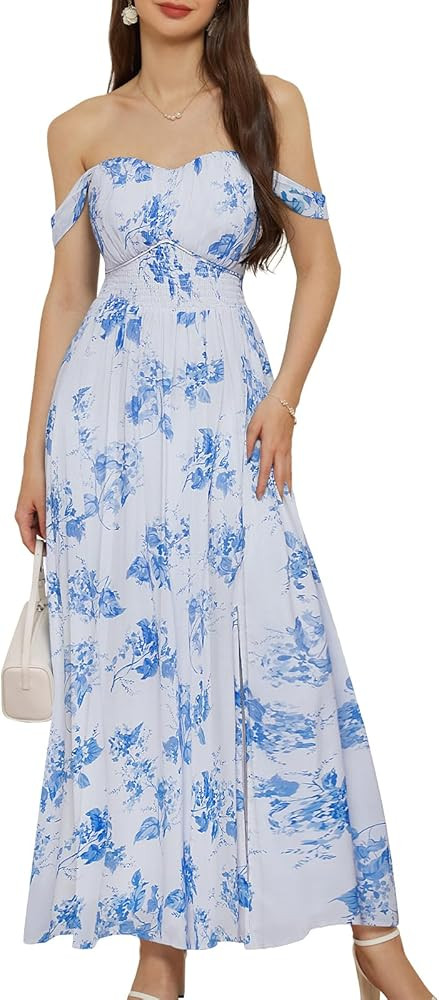 GRACE KARIN 2024 Women's Summer Floral Print Flowy A Line Maxi Dresses Sleeveless Smocked Off Sho... | Amazon (US)