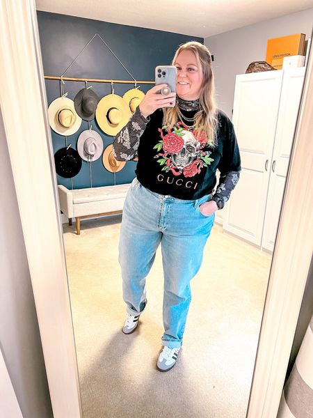 I’m not sure I will ever find a better fitting pair of jeans for my curves…. These curve love 90’s ultra high waist straight leg are my favorite. I have two washes and thinking I should order some more!! 

I styled with my mesh long sleeve top under a cute graphic tee and wore my adidas sambas, which are so fun to style. I danced the night away and no issues so these are very comfortable. 

Size 18 | size 20 | plus size outfit | plus size jeans outfit | graphic tee | lace shirt | plus size tall jeans | long jeans | how to style 

#LTKover40 #LTKSeasonal #LTKplussize