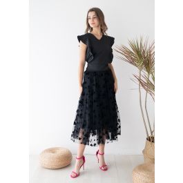 3D Posy Double-Layered Mesh Midi Skirt in Black | Chicwish