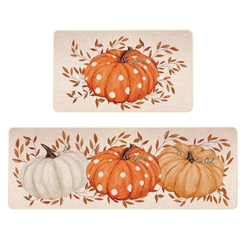 Siilues Fall Kitchen Mats Set of 2, Non-Slip Fall Pumpkin Kitchen Rugs for Floor Seasonal Autumn Thanksgiving Home Decor Low-Profile - 17x29 and 17x47 Inch | Amazon (US)