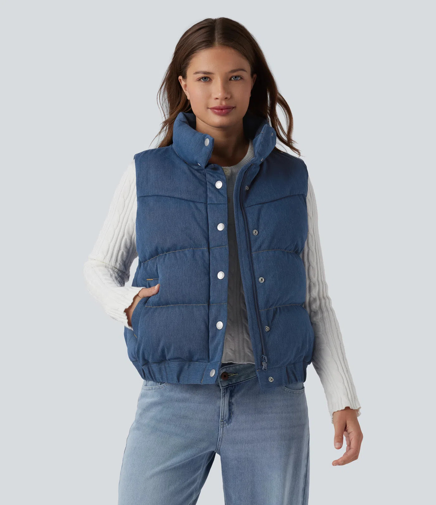 Women’s Halara Flex™ Denim Stand Collar Casual Puffer Vest with Pockets - Halara | HALARA