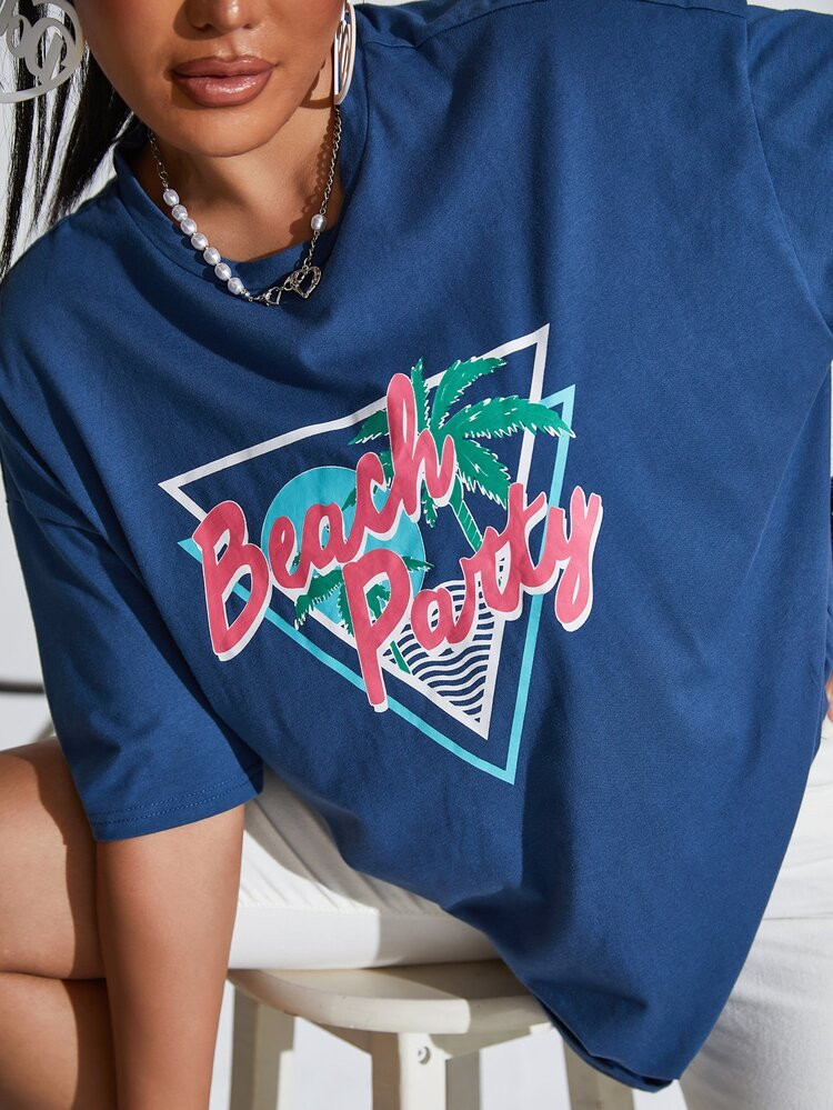 SHEIN SXY Letter & Tropical Graphic Drop Shoulder Tee | SHEIN