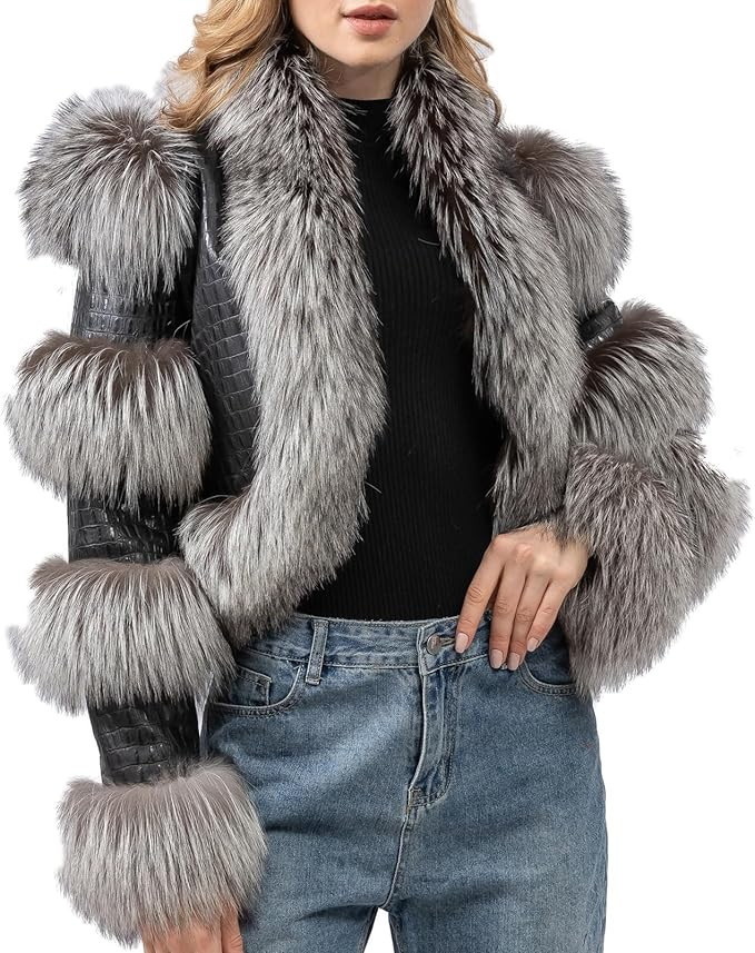 LVCOMEFF Women Sheep Leather Cropped Jacket Bolero Top Coat Motorcycle Jacket With Fox Fur Layer ... | Amazon (US)