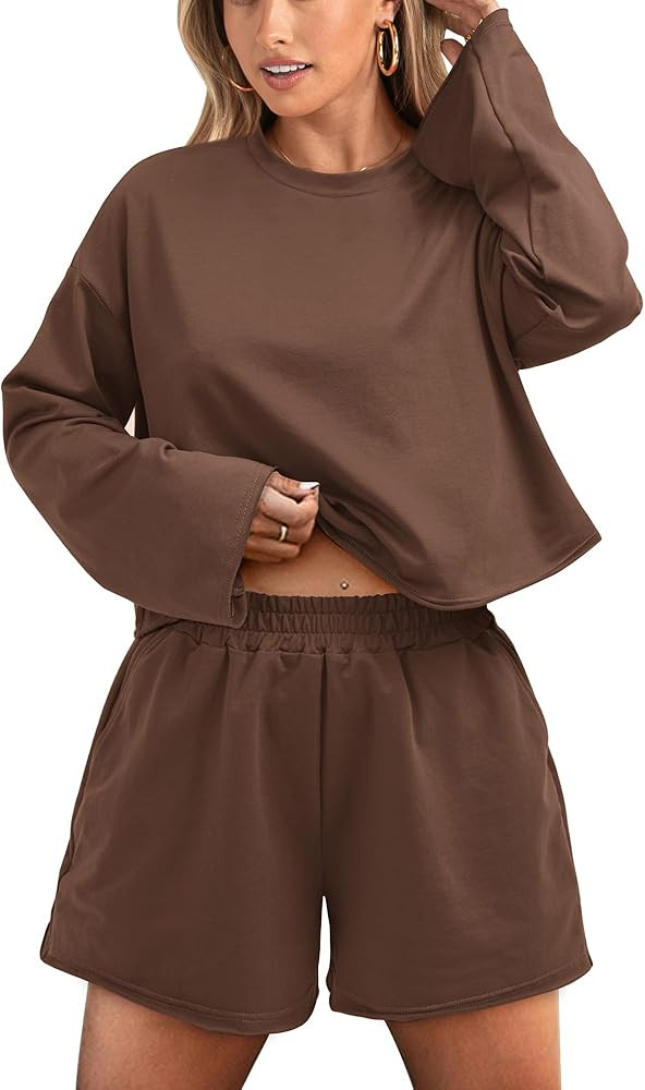 BTFBM Womens Pajama Sets Long Sleeve Top and Shorts Matching Lounge Set Loungewear Sweatsuit with... | Amazon (US)