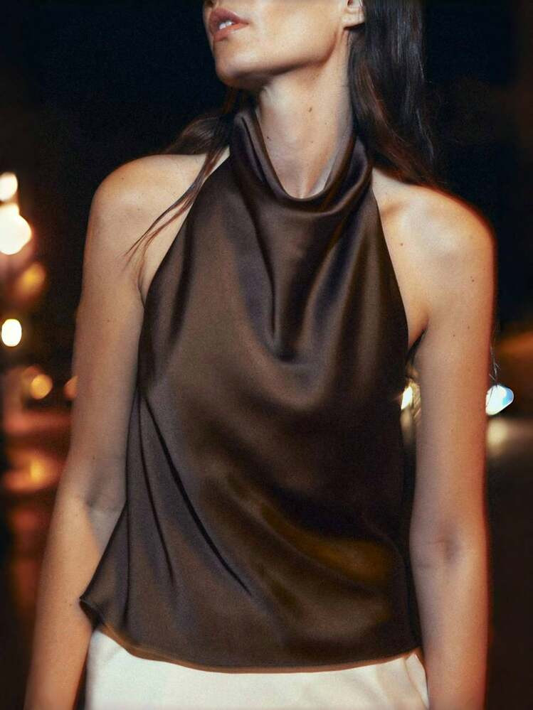 Women Satin Halter Tops Open Back Hidden Button Crop Tops Elegant Cowl Tank Tops Summer Sleeveless Loose Vests Solid Color Going Out Shirt Streetwear | SHEIN