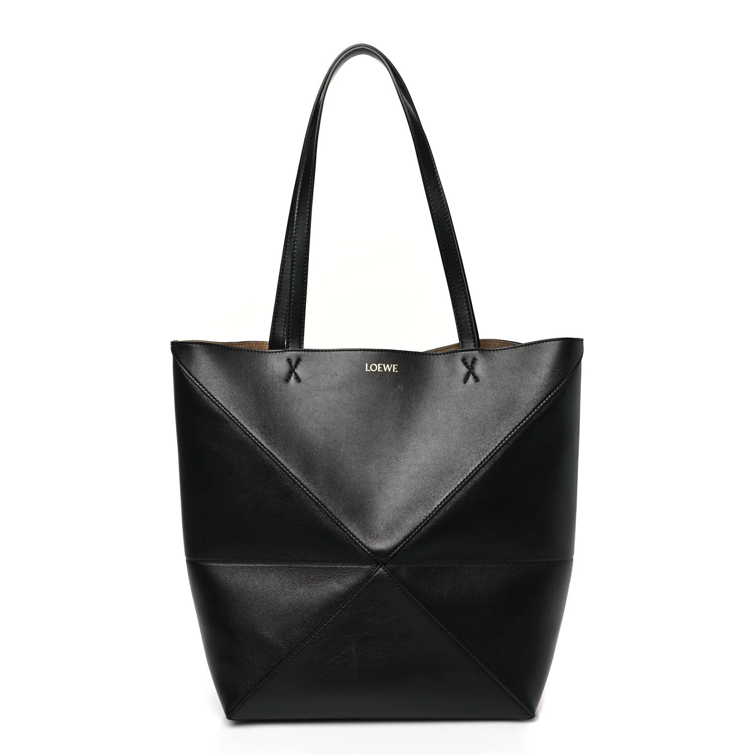 LOEWE Shiny Calfskin Medium Puzzle Fold Tote Black | FASHIONPHILE (US)