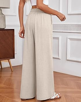 Huukeay Women's Linen Wide Leg Pants, High Waist Flowy Palazzo Pants with Pockets Drawstring Summ... | Amazon (US)
