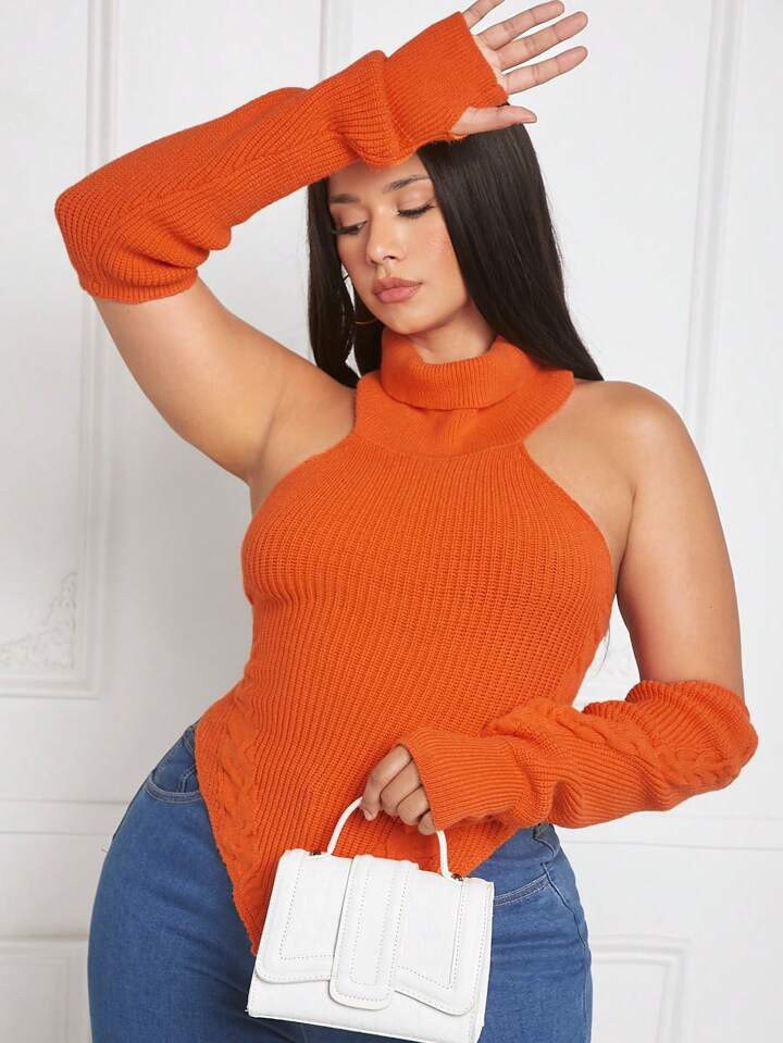 SHEIN SXY Plus Turtleneck Asymmetrical Hem Knit Top | SHEIN