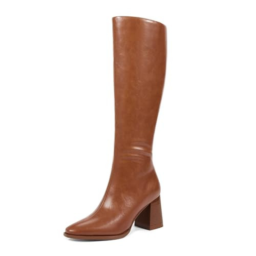 wetkiss Brown Knee High Boots for Women Chunky Heel Boots Womens Tall Round Toe Long Boot Brown Fall Almond Toe Stacked Block Heeled Boots | Amazon (US)