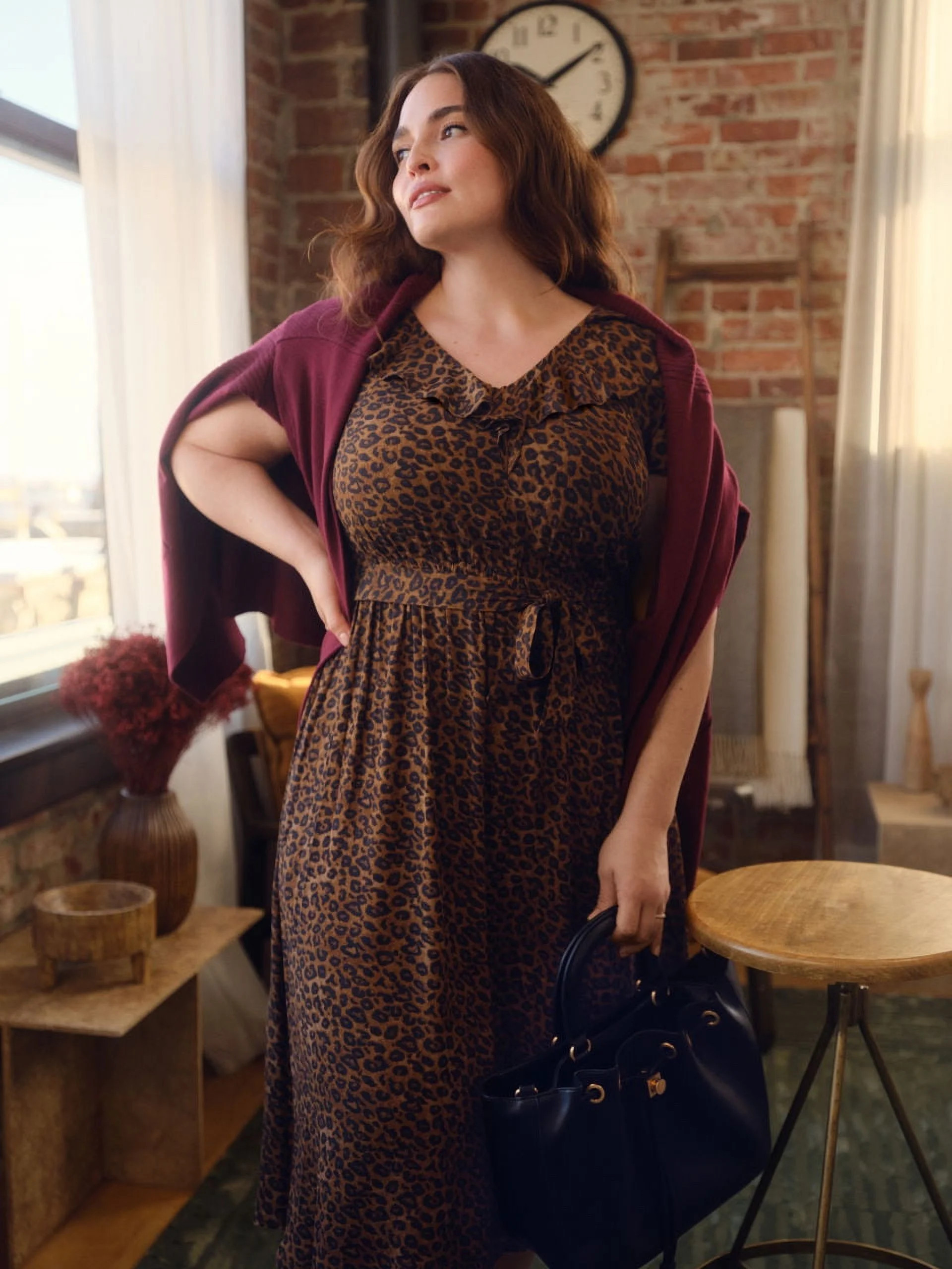 Time and Tru Women's and Women's Plus Ruffle Neck Midi Dress, Sizes XS-4X | Walmart (US)