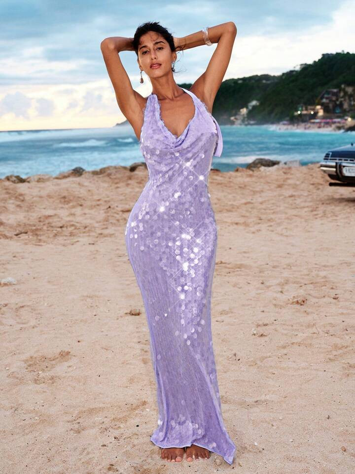 Opulessa Valentine Day Solid Color Beaded Halter Plunging Neckline Long Dress For Women, Suitable For Vacation,Versatile For Music Festival, Party, Date | SHEIN