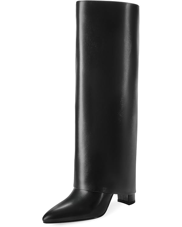 Modatope Knee High Boots Women Fold Over Knee High Boots Chunky High Heels Long Boots Zipper Poin... | Amazon (US)