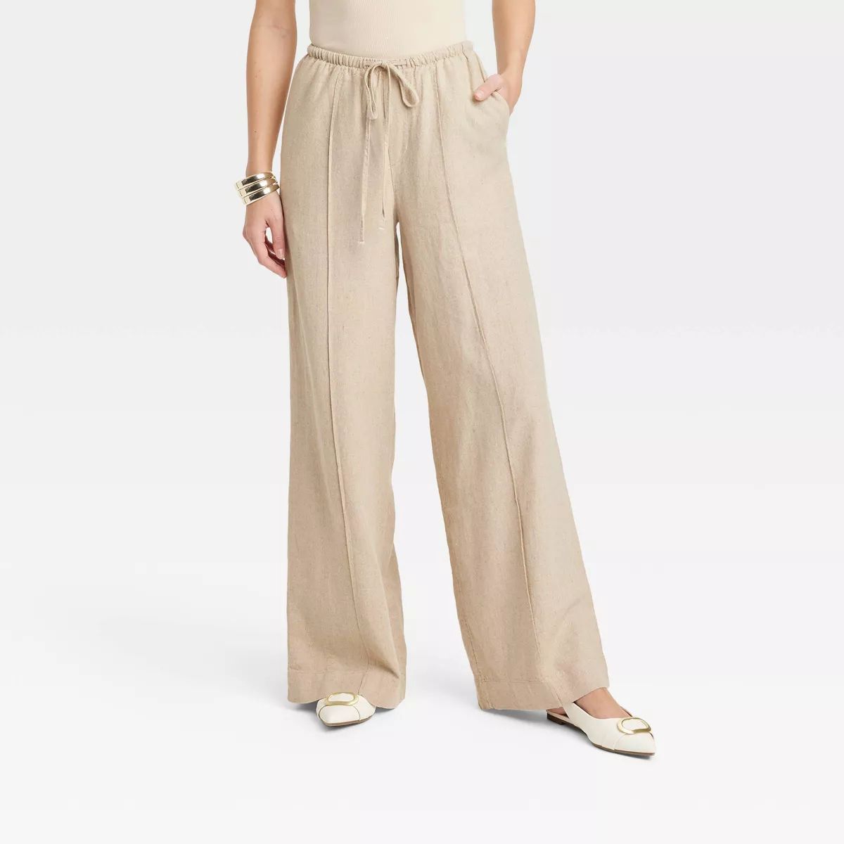 Women's High-Rise Wide Leg Linen Pull-On Pants - A New Day™ Tan XS | Target