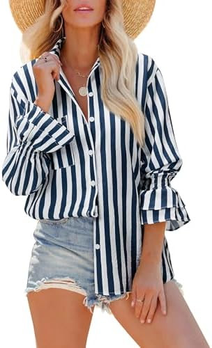 Oversize Striped Button Down Shirts Women Smocked Boyfriend Long Sleeve Blouse Ruffle Casual Tops... | Amazon (US)