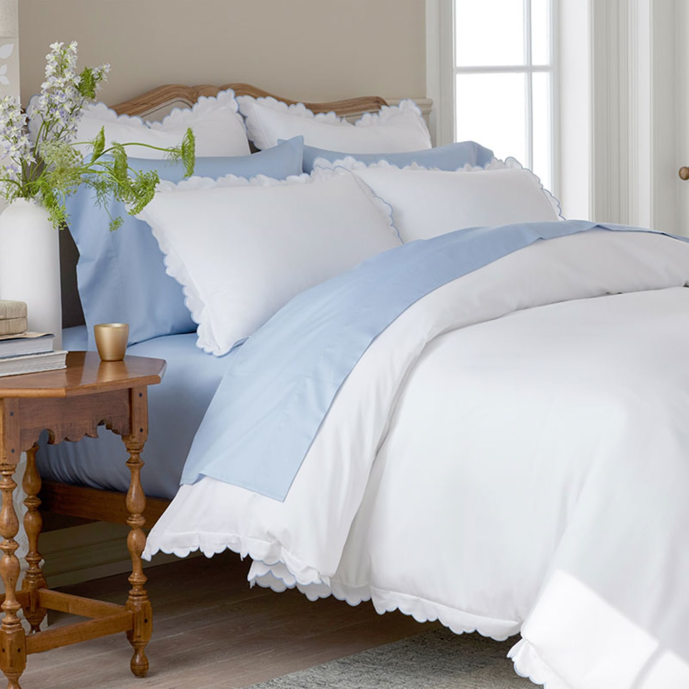Embroidered Scallop Classic Smooth Sateen Solid Duvet Cover - Light Blue, King/Cal King | The Company Store