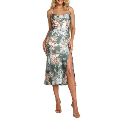 Petal & Pup Marea Floral Tie Back Satin Midi Dress in Green at Nordstrom, Size 6 | Nordstrom
