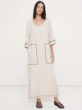 Embroidered Linen Scoop-Neck Maxi Dress | Banana Republic (US)