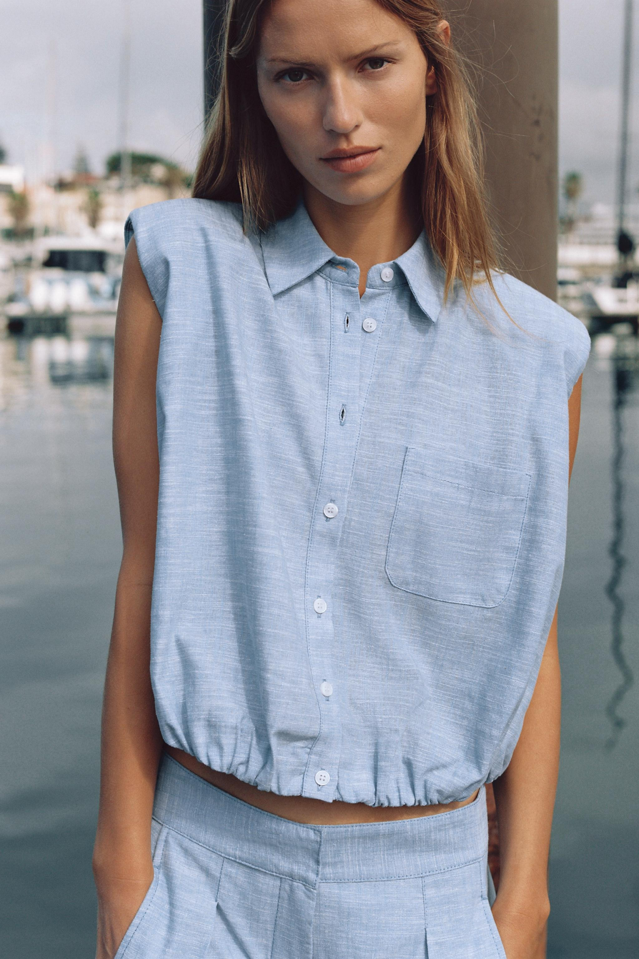 LINEN BLEND PUFF SLEEVE TOP WITH SHOULDER PADS | Zara UK