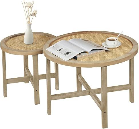 Anmytek Set of 2 Round Nesting Coffee Tables with Natural Rattan, Mid Century Wood End Table Rust... | Amazon (US)