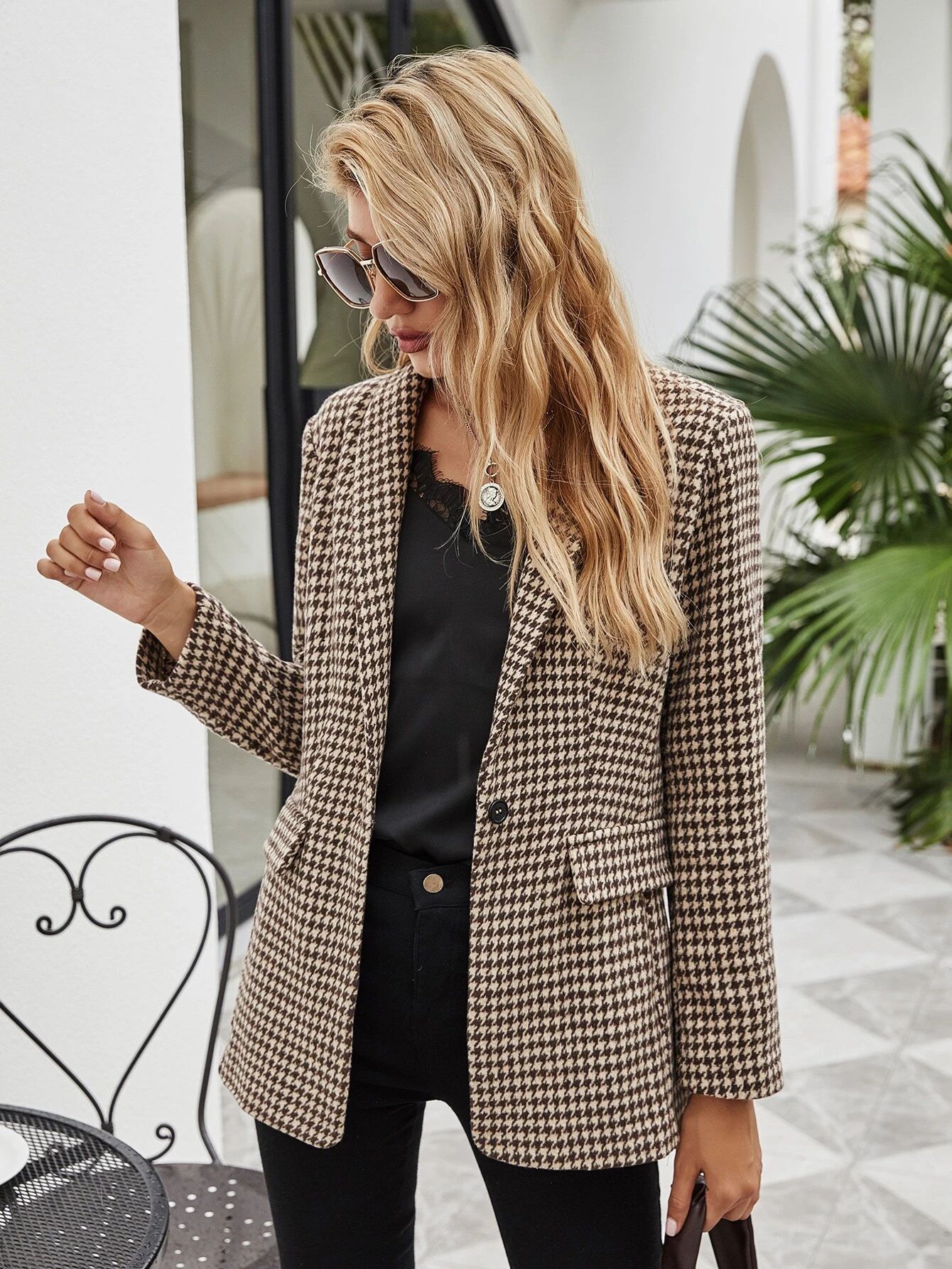 Houndstooth Shawl Collar Flap Detail Overcoat | SHEIN