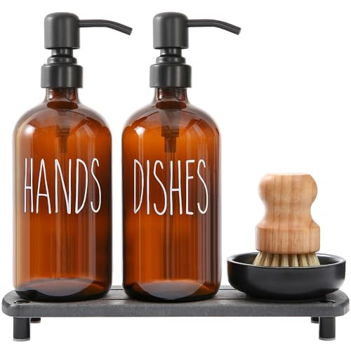 MOMEEMO Amber Glass Soap Dispenser Set Comes with Stainless Steel Pumps, Instant Dry Tray, and Dish Scrub Brush, Suitable for Soap Dispenser for Kitchen Sink. (Amber) | Amazon (US)