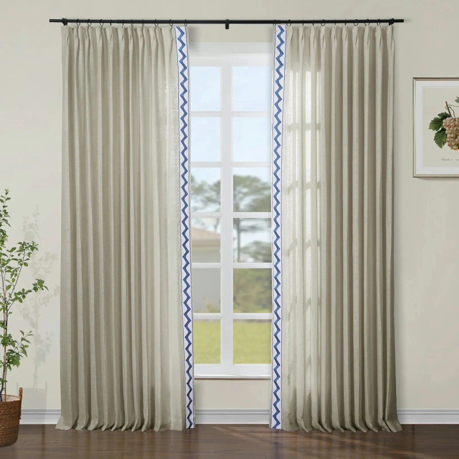 Liz Linen Curtains with Border Trim (Sold per Pair) - Light Khaki 1908-4 | TWOPAGES