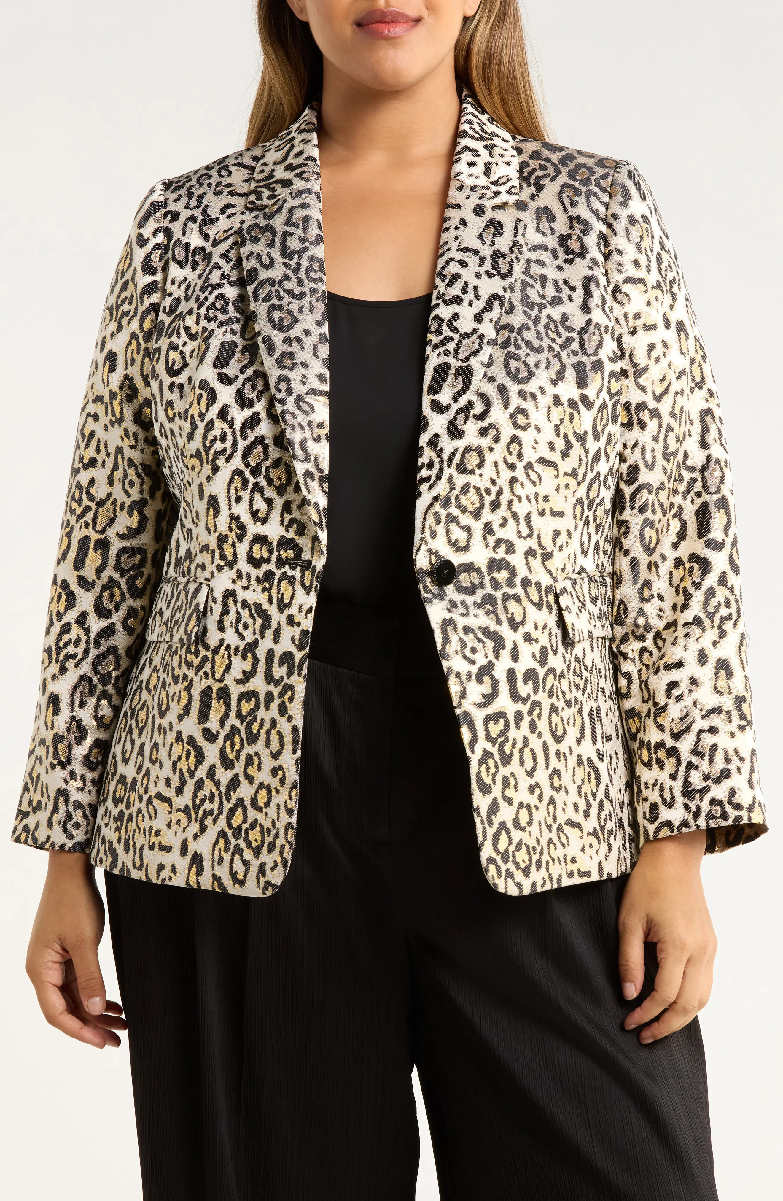 Tahari ASL Leopard Metallic Blazer in Gold Leopard at Nordstrom, Size 14 W | Nordstrom