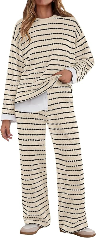 MEROKEETY Women's Two Piece Sweater Sets Trendy Striped Long Sleeve Top Wide Leg Pants Matching O... | Amazon (US)