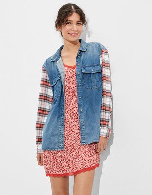 AE Oversized Plaid Sleeve Denim Shirt | American Eagle Outfitters (US & CA)