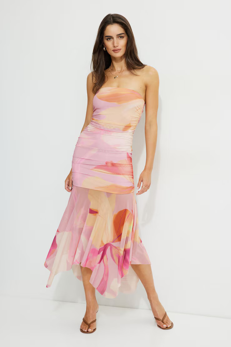 Ruched Mesh Maxi Tube Dress | Dynamite Clothing