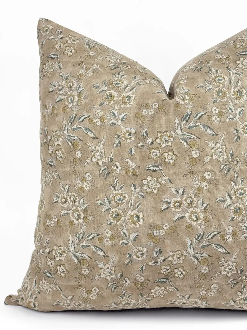 ELOWEN | Designer Sand Floral Linen Pillow Cover, Block Print Pillow, Neutral Floral Pillow, Tan ... | Etsy (US)