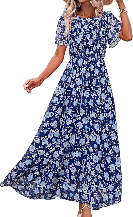 Simplee Womens Summer Floral Casual Maxi Dresses Flutter Short Sleeve Crew Neck Smocked Chiffon B... | Amazon (US)