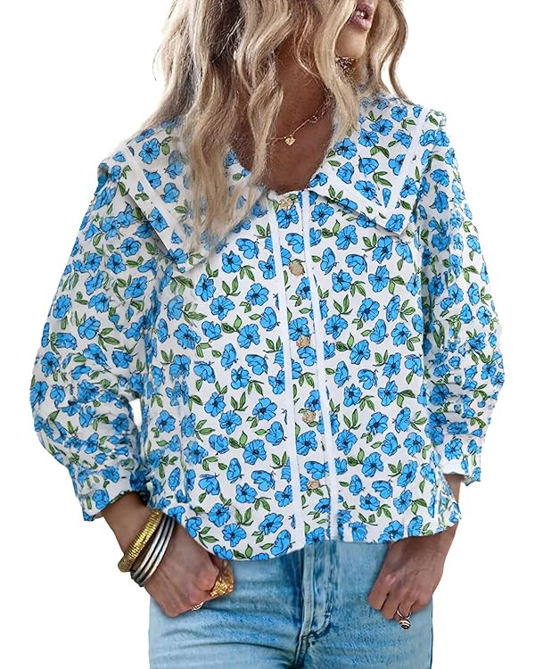 Cicy Bell Womens Floral Button Down Shirts Trendy Casual 3/4 Lantern Sleeve Blouse Square Neck Co... | Amazon (US)