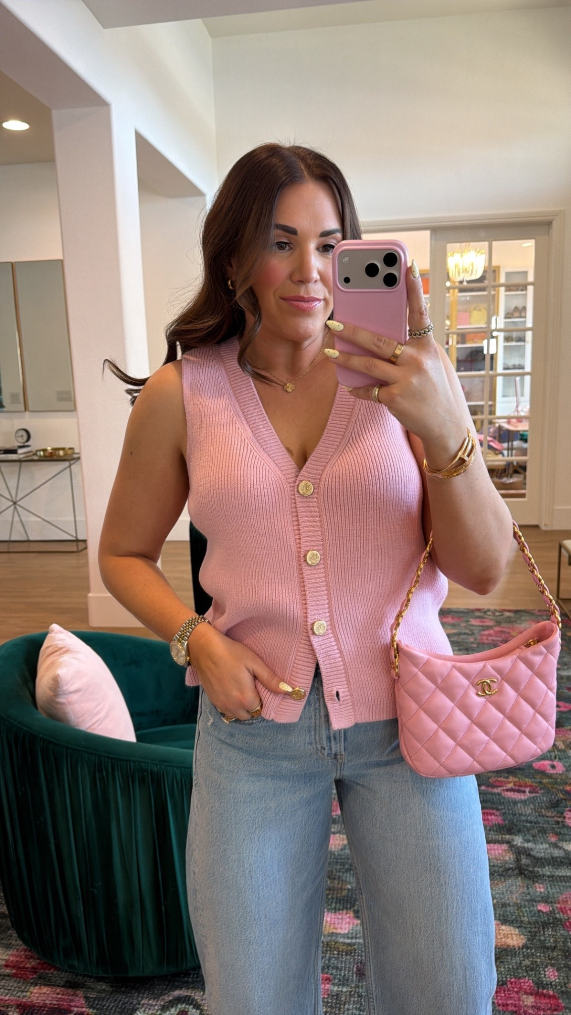 curvy midsize pink look for spring! wearing size large in pink sweater vest and size 29 in light barrel denim. love the gold buttons on the top! 

#LTKSeasonal #LTKMidsize