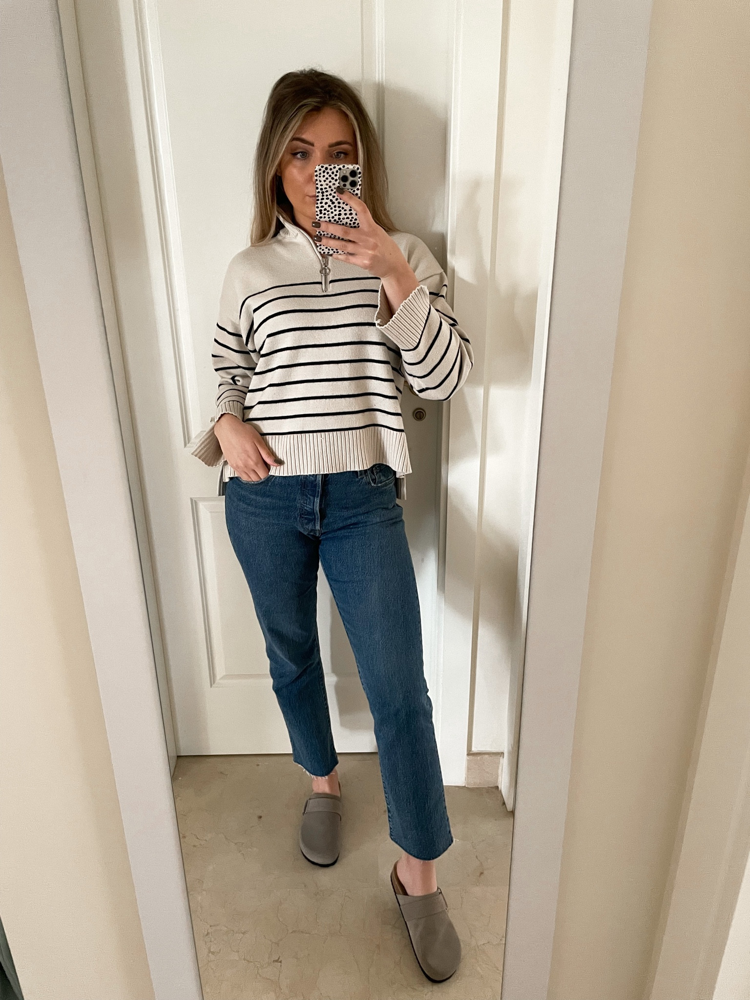 daily spring uniform 🌼

Striped Half Zip Sweater: Zara (old)
Levi’s 501 Jeans
Taupe Birkenstock Boston Clogs Dupe: Pull & Bear 

#LTKunder50 

#LTKstyletip #LTKeurope