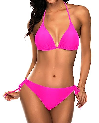 Tempt Me Women Hot Pink Triangle Bikini Sets Halter Two Piece Sexy Swimsuit String Tie Side Bathing Suit 18W | Amazon (US)