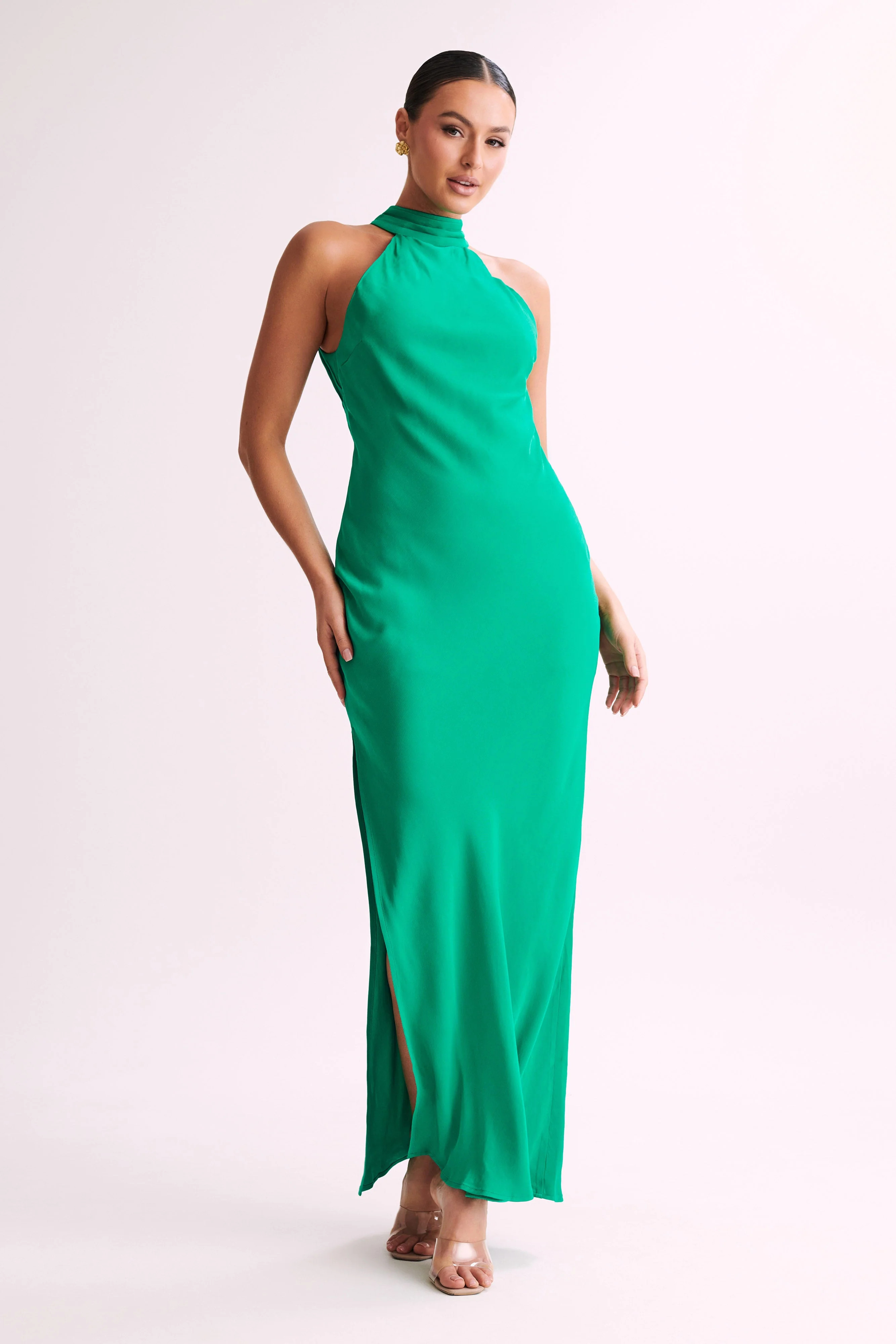Claire Satin Drape Back Maxi Dress with Split - Green | MESHKI US