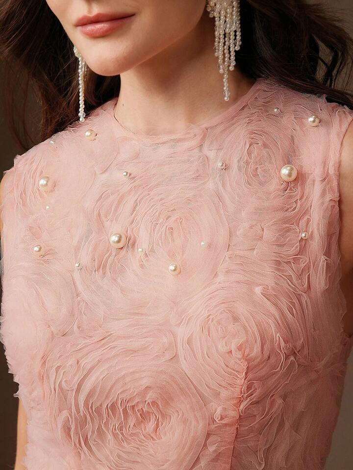 Anewsta Women Elegant Vacation 3D Floral Pearl Decor Cinched Waist Waist Sleeveless Dress, Spring... | SHEIN