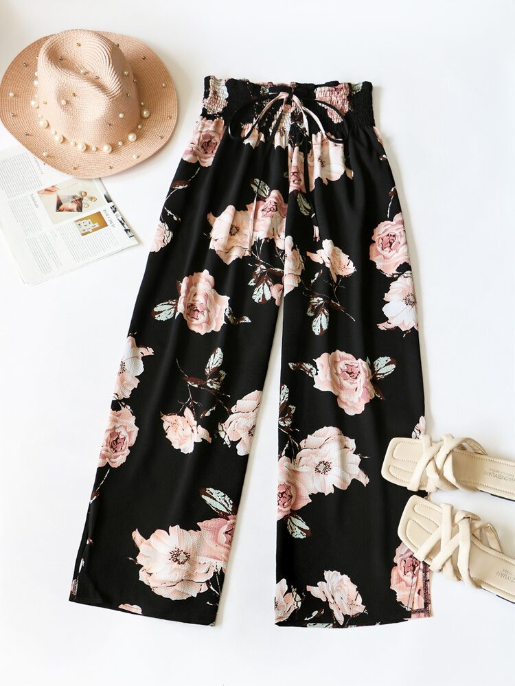 Plus Floral Print Shirred Waist Wide Leg Pants | SHEIN