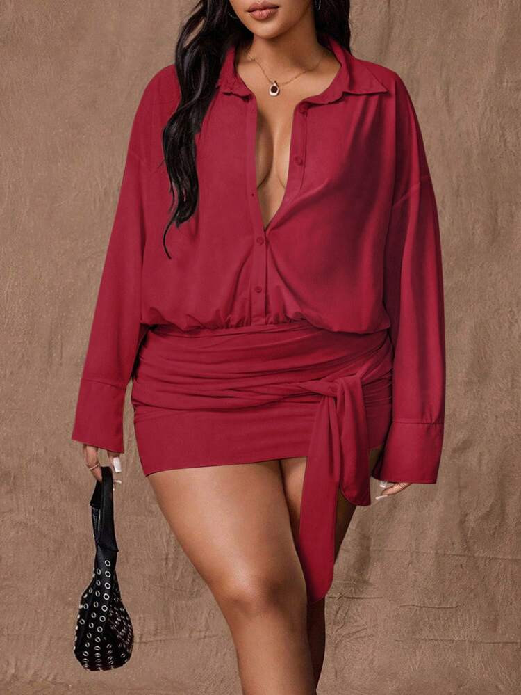 Rustia Plus Size Women's French Chic Collared Half-Zip Fitted Flared Hem Long Sleeve Dress | SHEIN