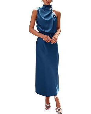 PRETTYGARDEN Women's 2024 Summer Satin Dress Elegant Sleeveless Mock Neck Cocktail Party Maxi Dre... | Amazon (US)