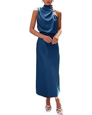 PRETTYGARDEN Women's 2024 Summer Satin Dress Elegant Sleeveless Mock Neck Cocktail Party Maxi Dre... | Amazon (US)